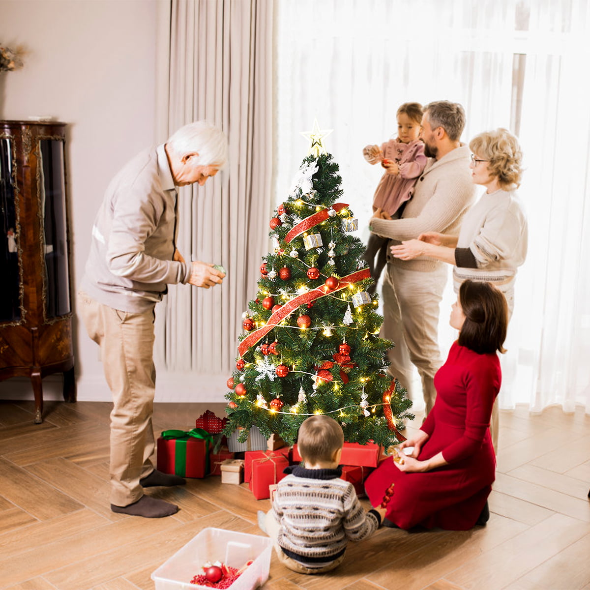 Topbuy Green Hinged Pine Artificial Christmas Tree, with PVC Branches including Solid Metal Legs 5'