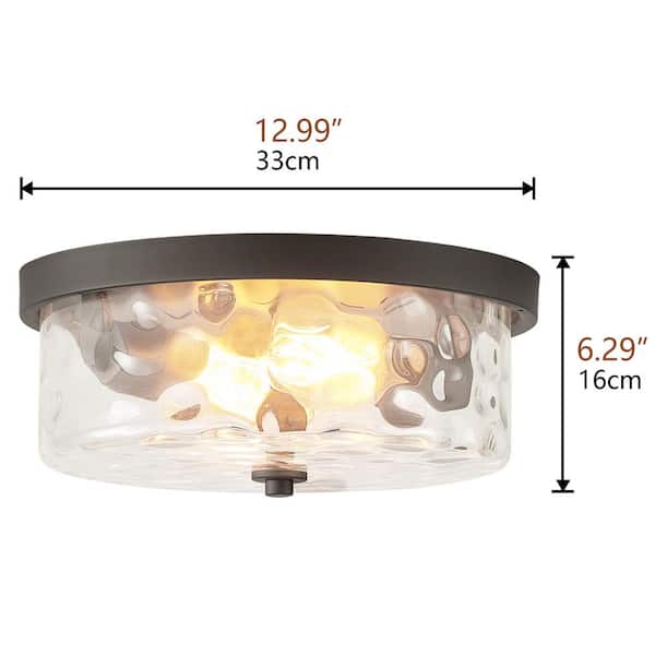 13 in. 2-Light Farmhouse Oil Rubbed Bronze Drum Flush Mount Ceiling Light Fixture with Water Ripple Glass Shade