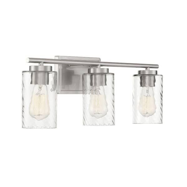 24 in. W x 8.63 in. H 3-Light Brushed Nickel Bathroom Vanity Light with Clear Cylinder Glass Shades