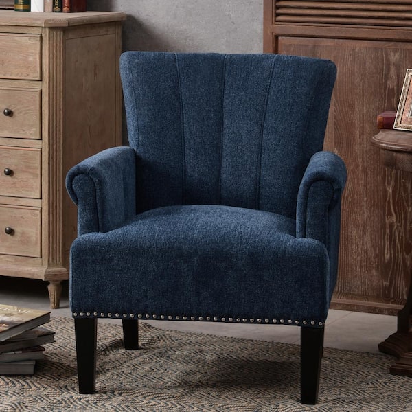 Navy Blue Cream Accent Rivet Tufted Polyester Armchair