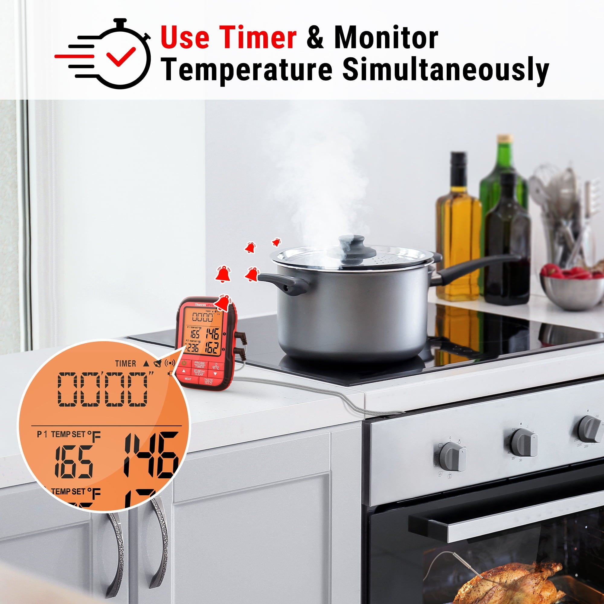ThermoPro TP828BW Wireless Meat Thermometer with Dual BBQ Probe, 1000FT Grill Thermometer for Outside Grill, Meat Thermometer for Smoker Oven Grill, Digital Food Thermometer for Beef Turkey Lamb