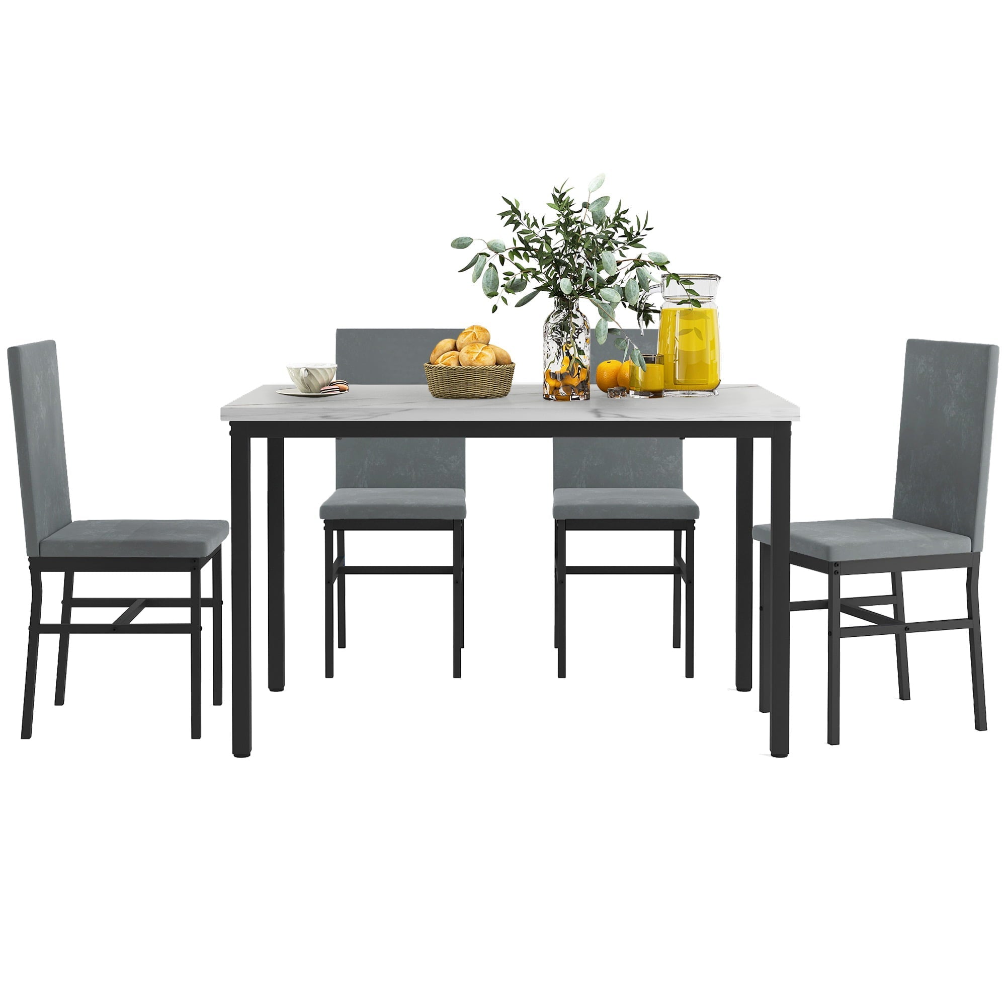 Paproos Dining Table Set for 4, Modern 5-Piece Kitchen Table Set with Marble Top and Velvet Upholstery Chairs, Heavy Duty Dinette Sets for Breakfast Nook, Dining Room Table and Chairs, Gray