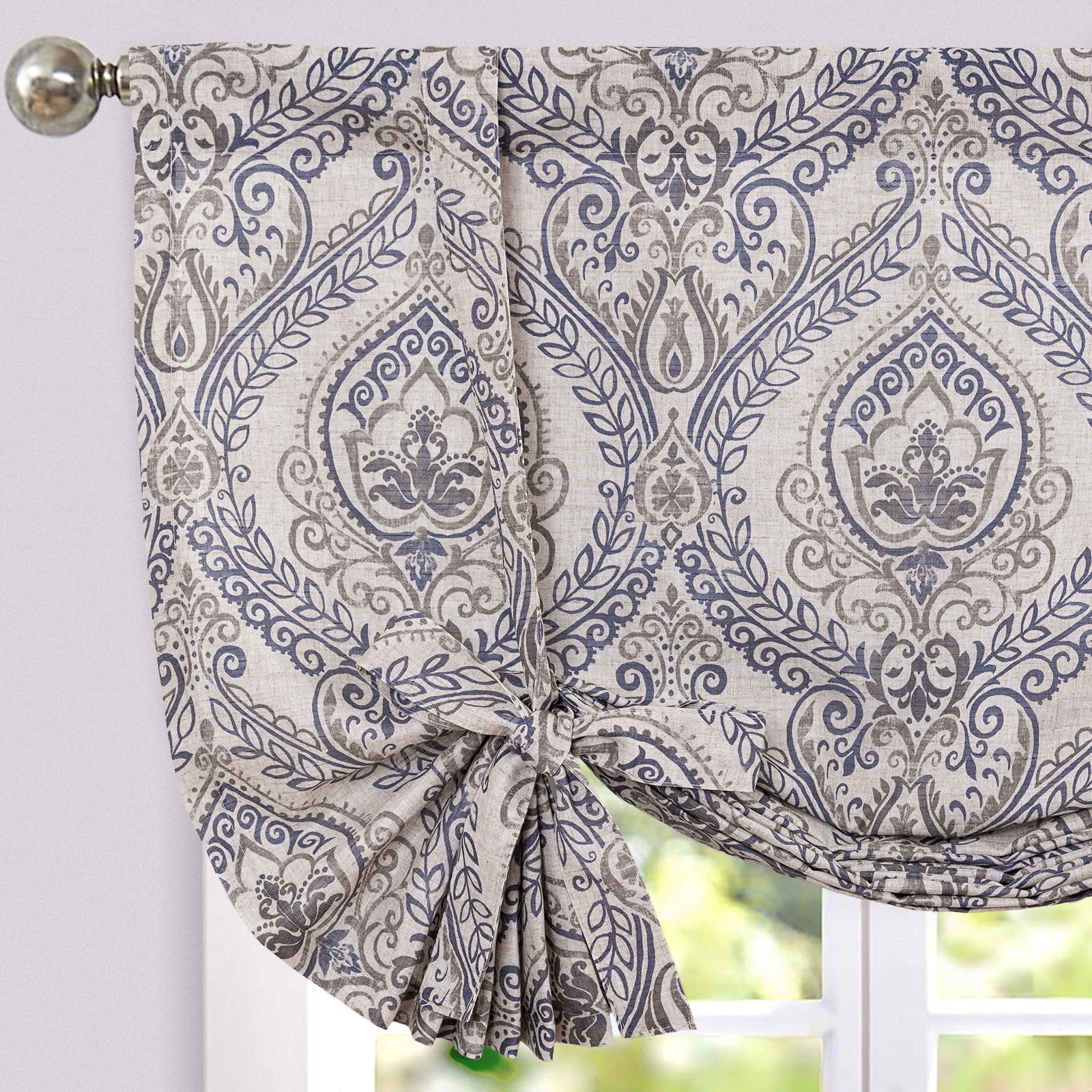 Curtainking 45 inch Tie Up Valance Damask Linen Valance for Kitchen Farmhouse Rod Pocket Medallion Curtain for Living Room 1 Panel Blue on Beige