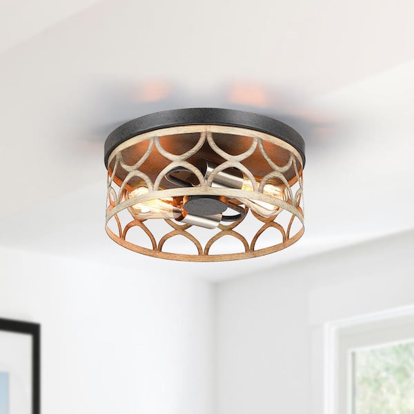 12 in. 2-Light Bronze and Wood Tone Flush Mount Ceiling Light