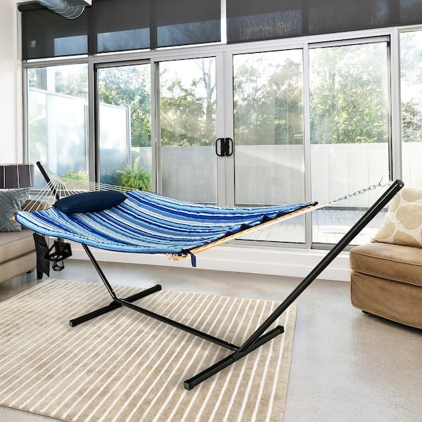 Swing Hammock Chair Set Hanging Bed with Heavy-Duty Steel Stand Cup Holder