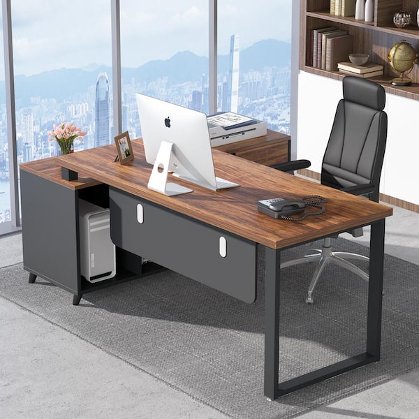 Lantz 55.1 in. L Shaped Desk Brown Engineered Wood 2-Drawers Executive Desk with Cabinet Shelves