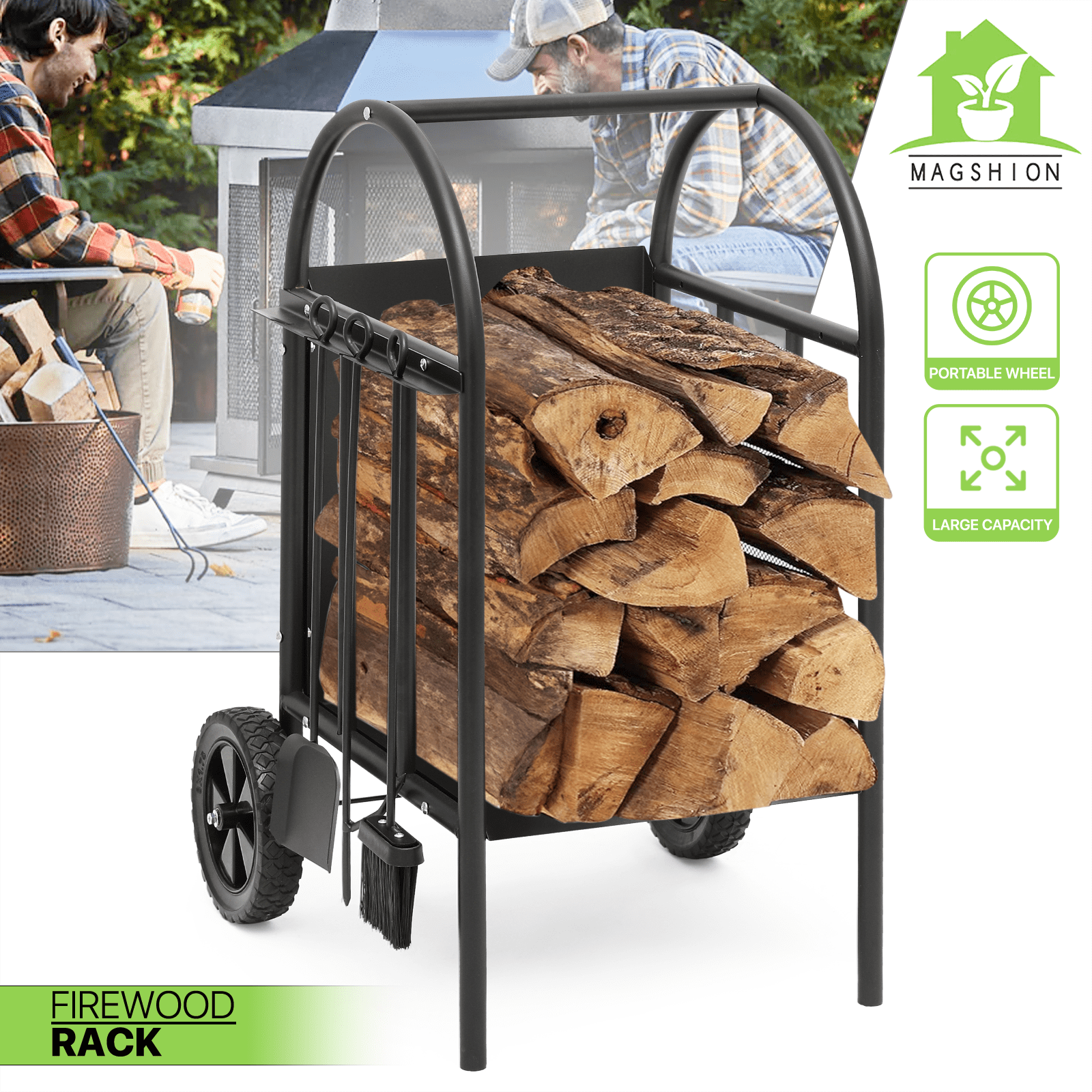 Magshion Firewood Rack Log Cart with Wheels & Tools Set, Fireplace Log Holder with Poker, Shovel & Broom for Indoor Outdoor Patio, Black