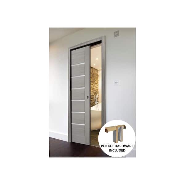 30 in. x 80 in. Single Panel Gray Finished Solid MDF Sliding Door with Pocket Hardware