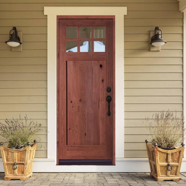 42 in. x 96 in. Craftsman 1-Panel 6-Lite Clear Low-E Knotty Alder Unfinished Wood Front Door Slab