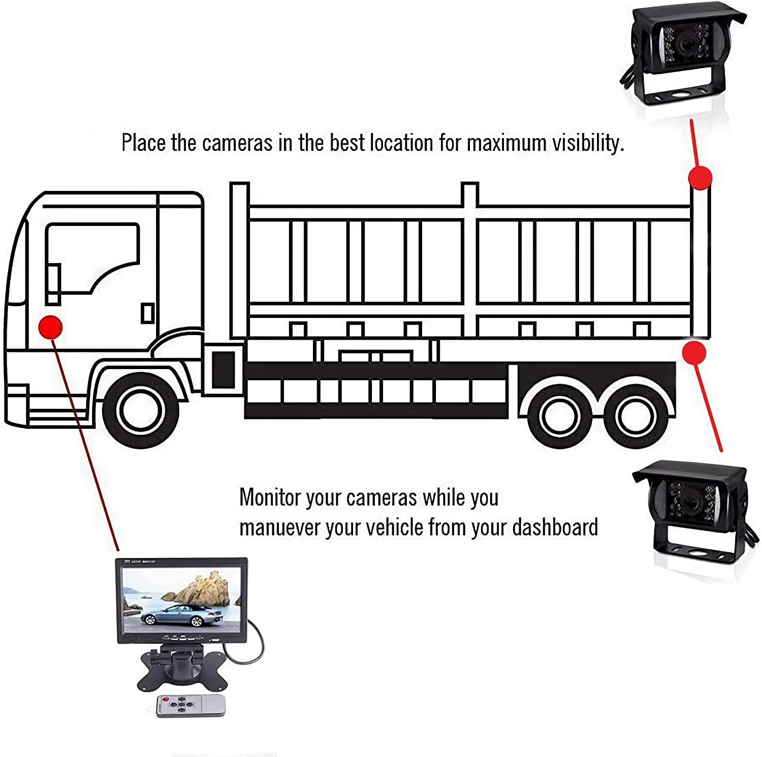 Bileeko RV Backup Camera System 7 Inch Monitor with 2 Wireless Rear View Cameras IP67 Waterproof Night Vision for Bus Truck Van