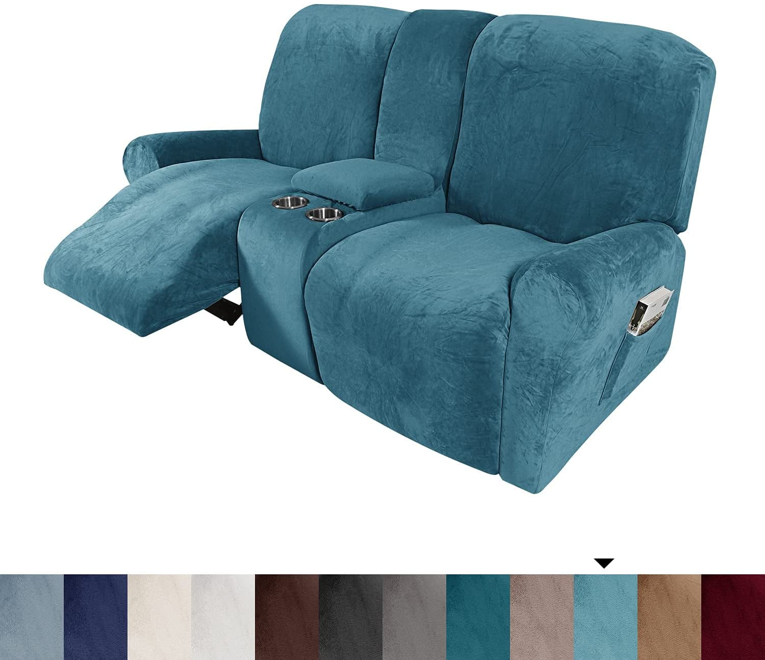 TOPCHANCES Reclining Love Seat with Middle Console Slipcover, 8 Pieces Velvet  Stretch Sectional Recliner Sofa Slipcover with Cup Holders, 2 Seat Love Seat Recliner Cover, Thick, Soft, Washable