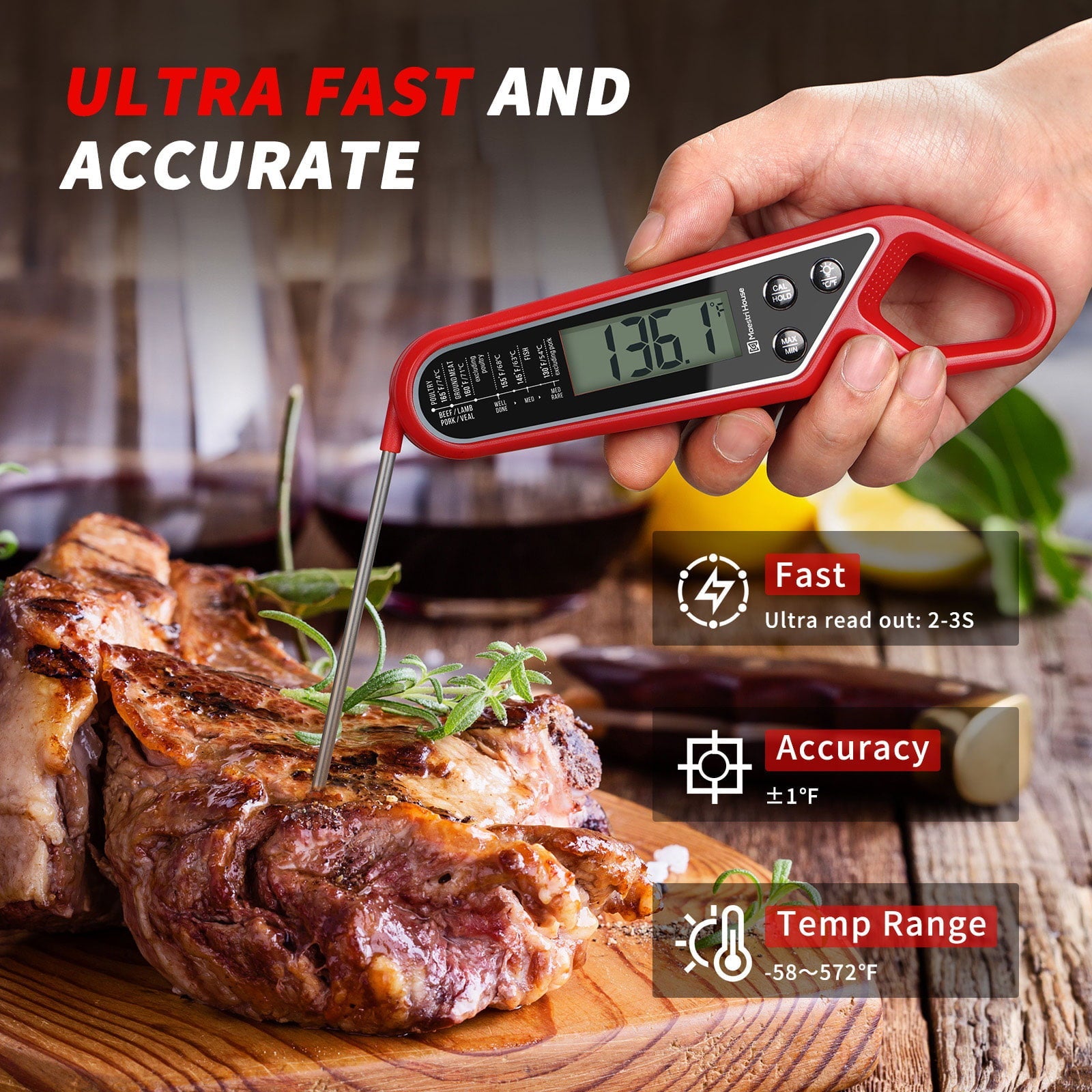 Digital Meat Thermometer 2-in-1 Grillthermometer Instant Read with Temperature Alarm, large LCD Screen, Magnet, Food Thermometer best for BBQ Grill Oven Cooking Kitchen