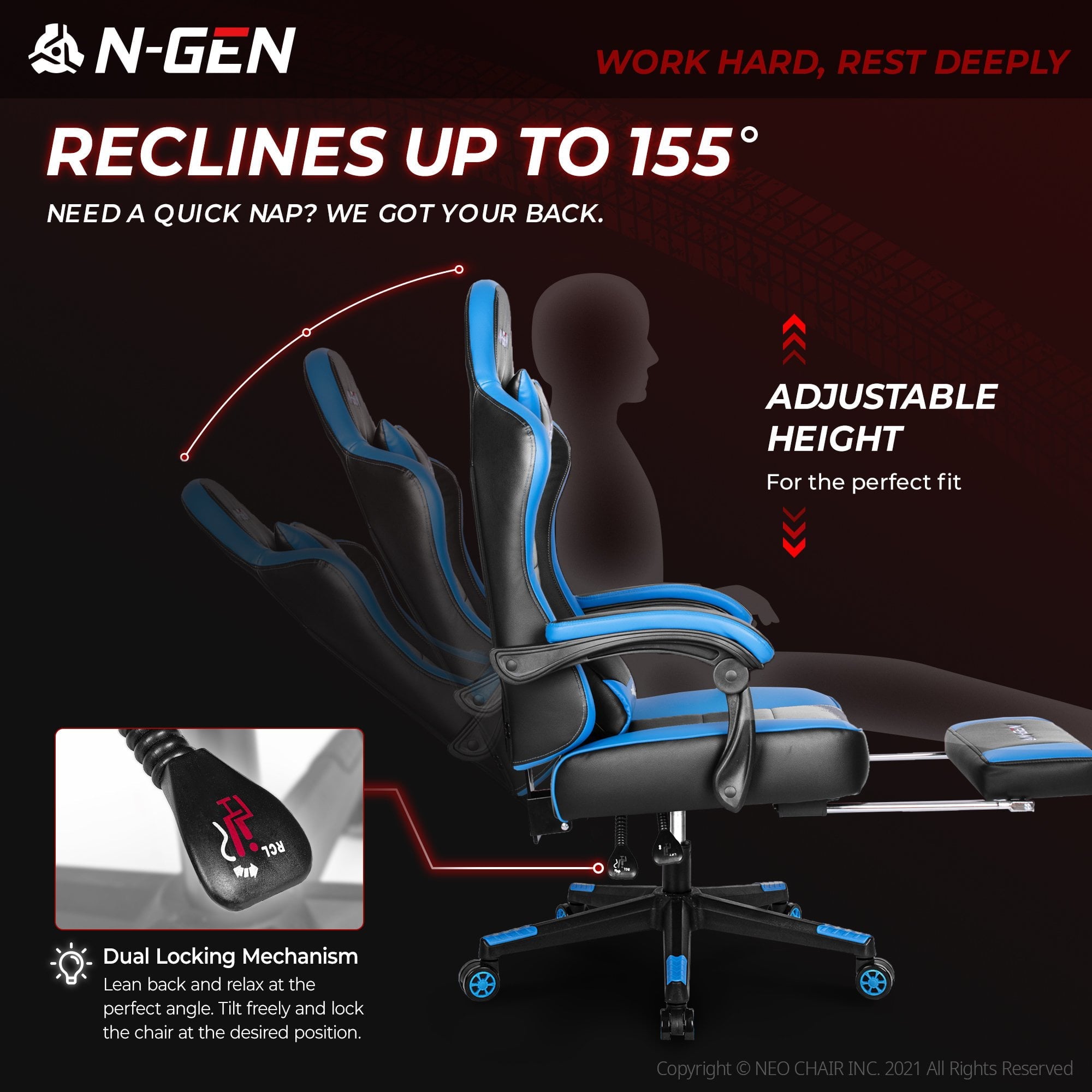 N-GEN Citus Series Ergonomic Leather Footrest High Back Gaming Chair, Blue