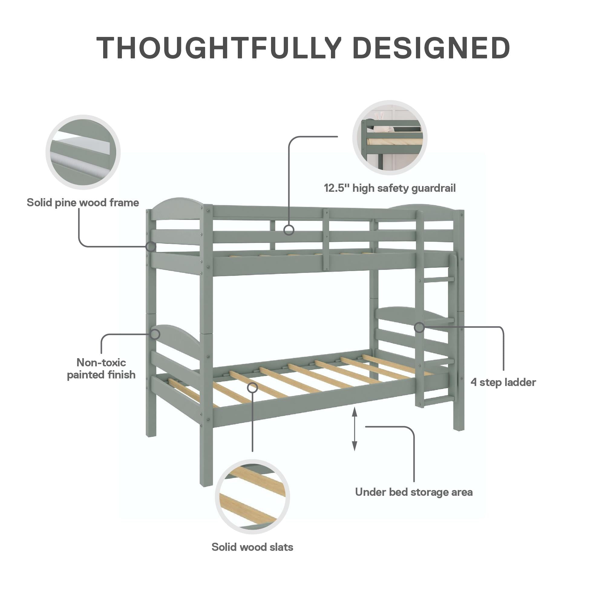 Better Homes & Gardens Leighton Solid Wood Twin-over-Twin Convertible Bunk Bed, Sage Green