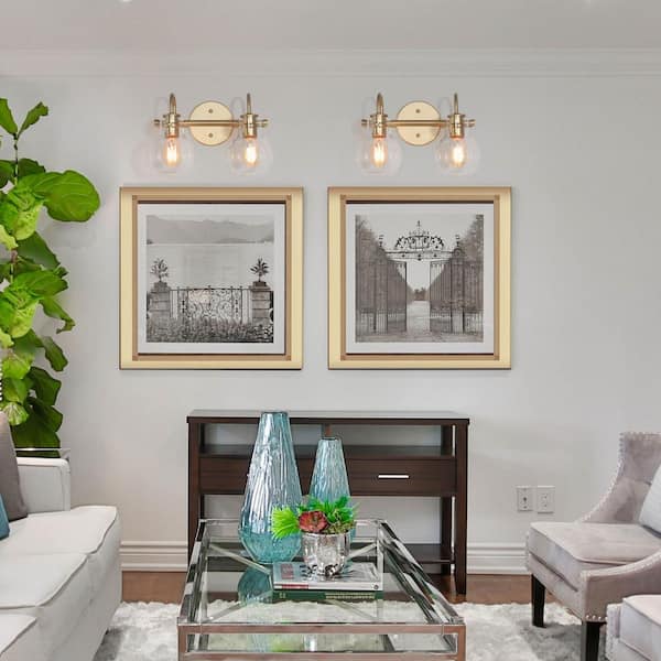 Modern Light Gold Bathroom Vanity Light 13 in. W 2-Light Powder Room Wall Light with Globe Clear Glass Shades