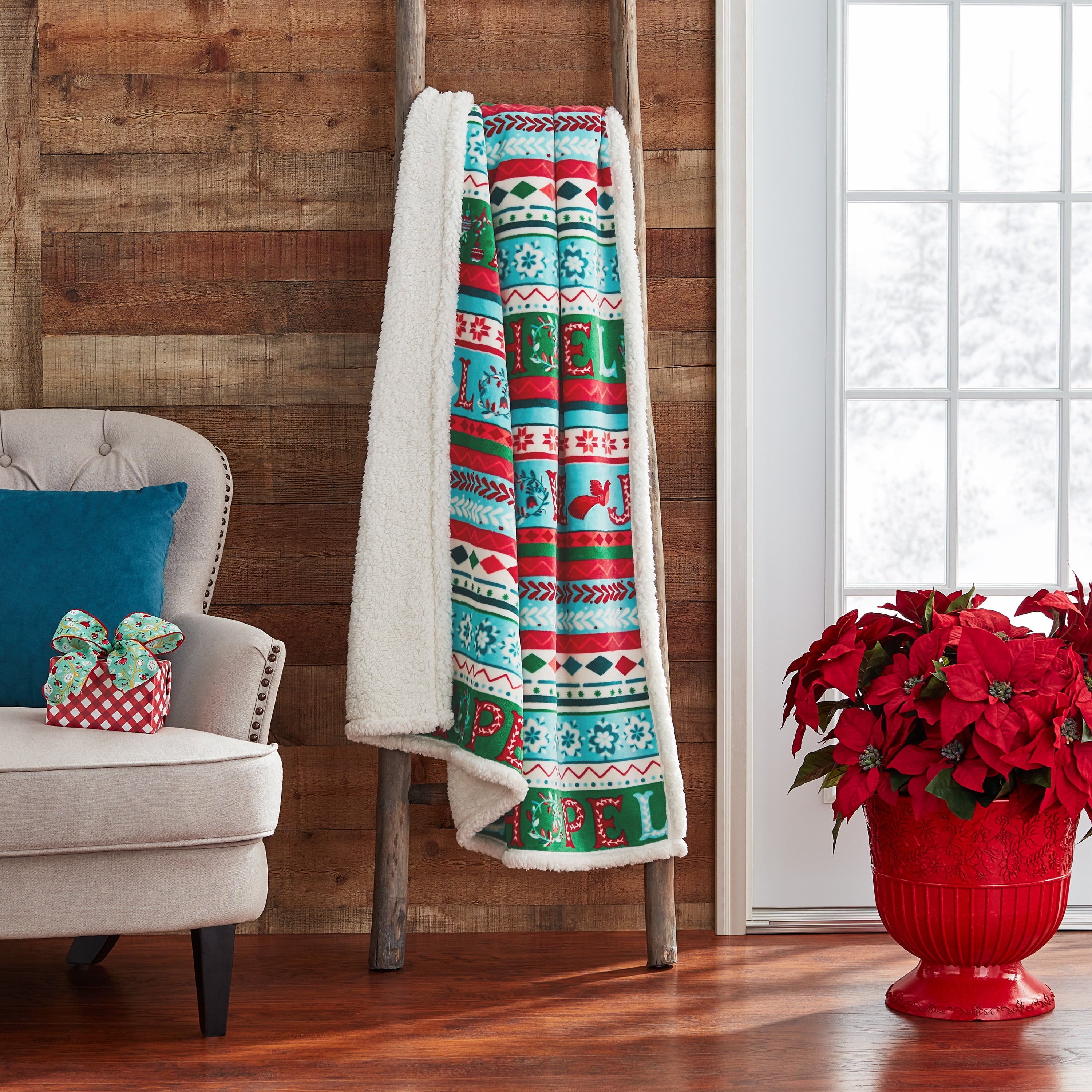 The Pioneer Woman Fair Isle Stripe Reversible Oversized Sherpa Throw, Teal, Red, and Green