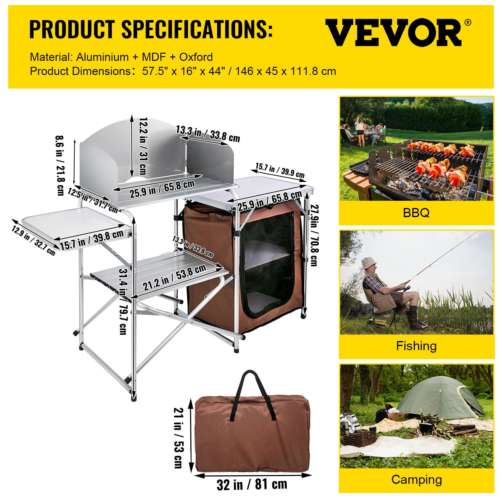 Camping Kitchen Station, Aluminum Portable Folding Camp Cook Table with Windshield, Storage Organizer and 4 Adjustable Feet, Quick Installation for Outdoor Picnic Beach Party Cooking, Brown