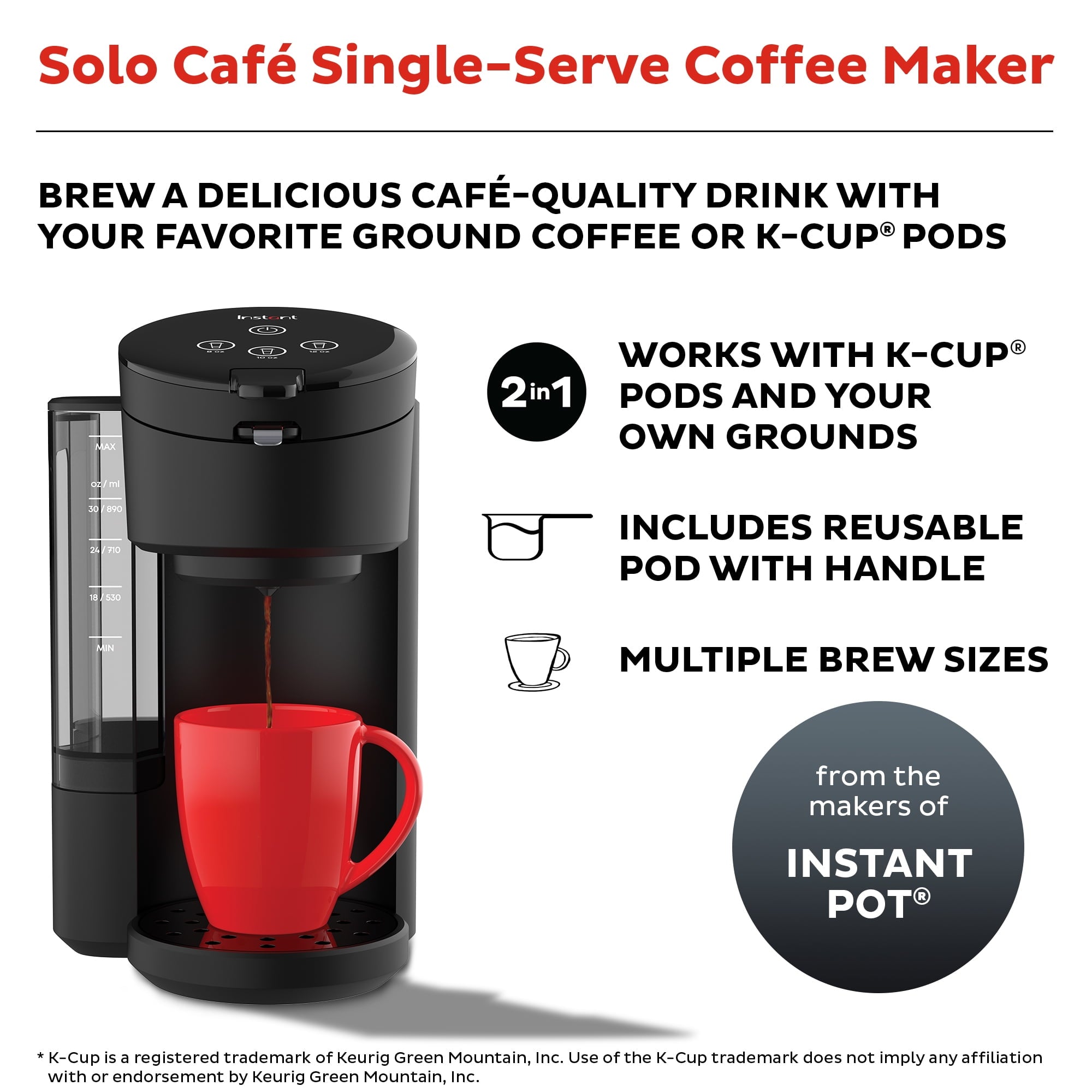 Instant Solo Café 2-in-1 Single Serve Coffee Maker for K-Cup Pods and Ground Coffee, Black