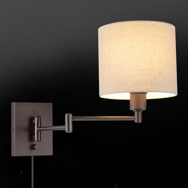 Anderson Dark Bronze Plug-In Swing Arm Wall Lamp with Beige Fabric Shade, LED Bulb Included