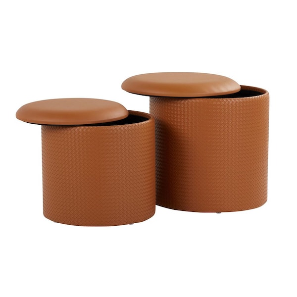 Maverick Camel Faux Leather Nesting Ottoman Set with Textured Accent