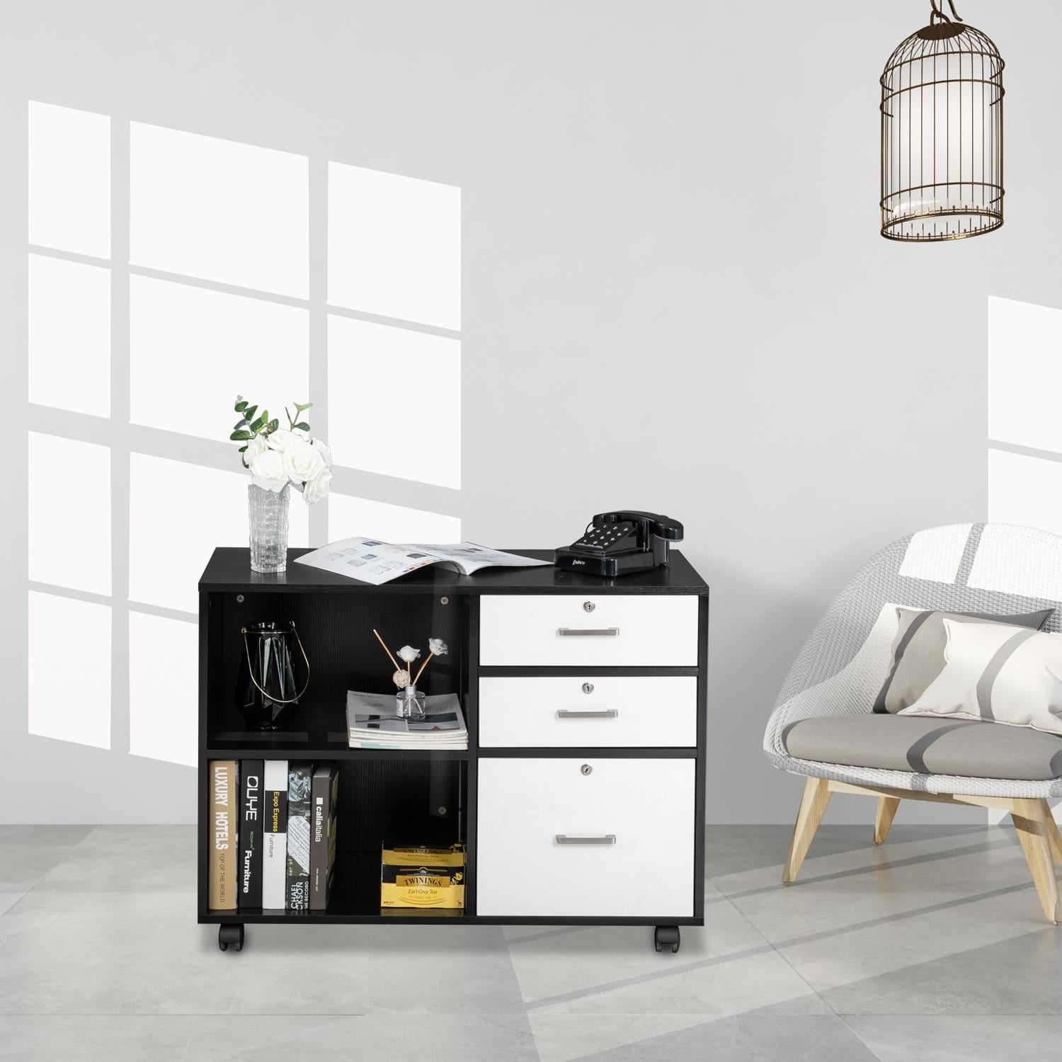 Ktaxon 3 Drawer Wood File Cabinets, Lateral Mobile Filing Cabinets Printer Stand with Locks and Wheels, Open Storage Shelves for Home Office