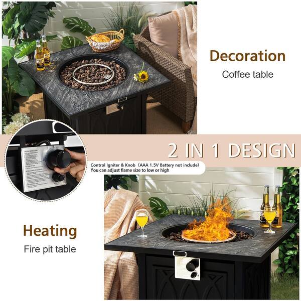 50,000 BTU Propane 32 in. Stone Metal Fire Pit Table Square Tabletop with Lava Rocks Cover