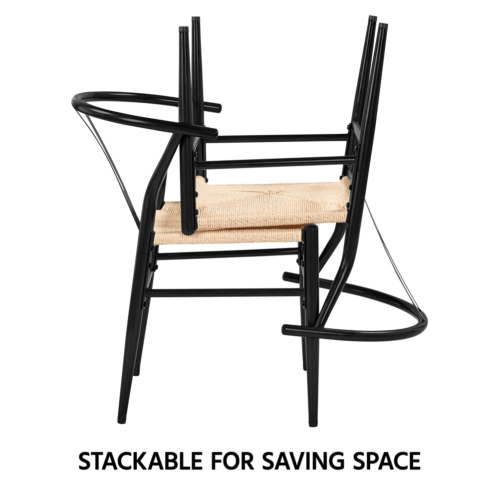 Alden Design Mid-Century Metal Dining Chairs with Woven Hemp Seat, Set of 2, Black