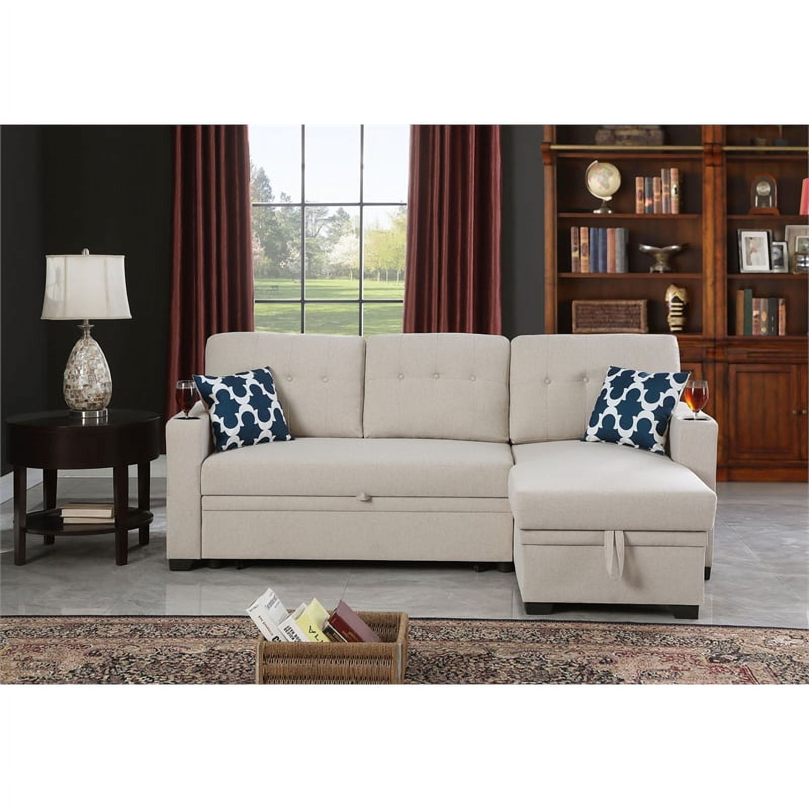 Reversible Fabric Sleeper Sofa Bed & Chaise with Cup Holder-Beige
