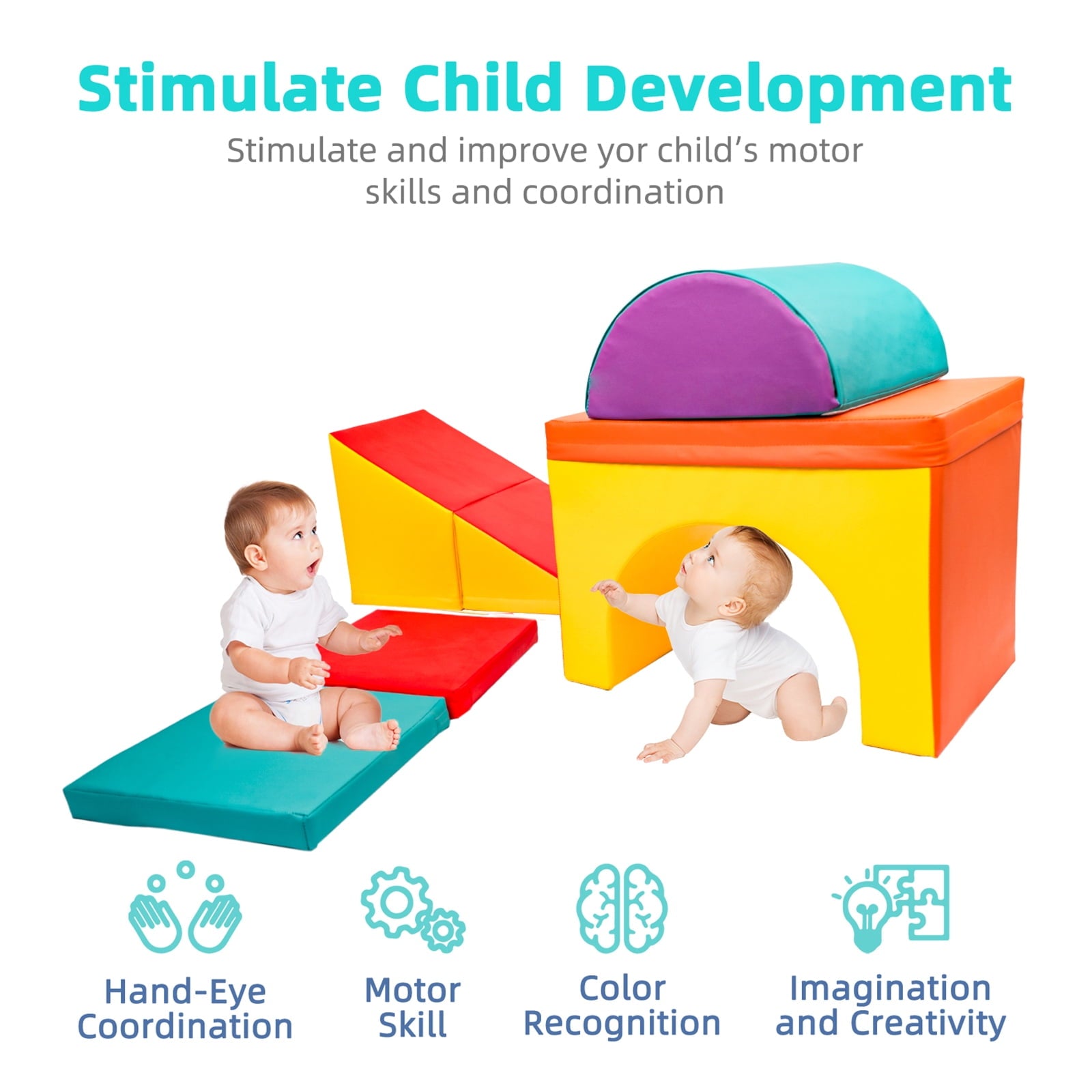 XJD Soft Zone Climb and Crawl Activity Playset, Lightweight Foam Shapes for Climbing, Crawling and Sliding, Safe Foam Playset for Toddlers and Preschoolers(5 Piece Set)