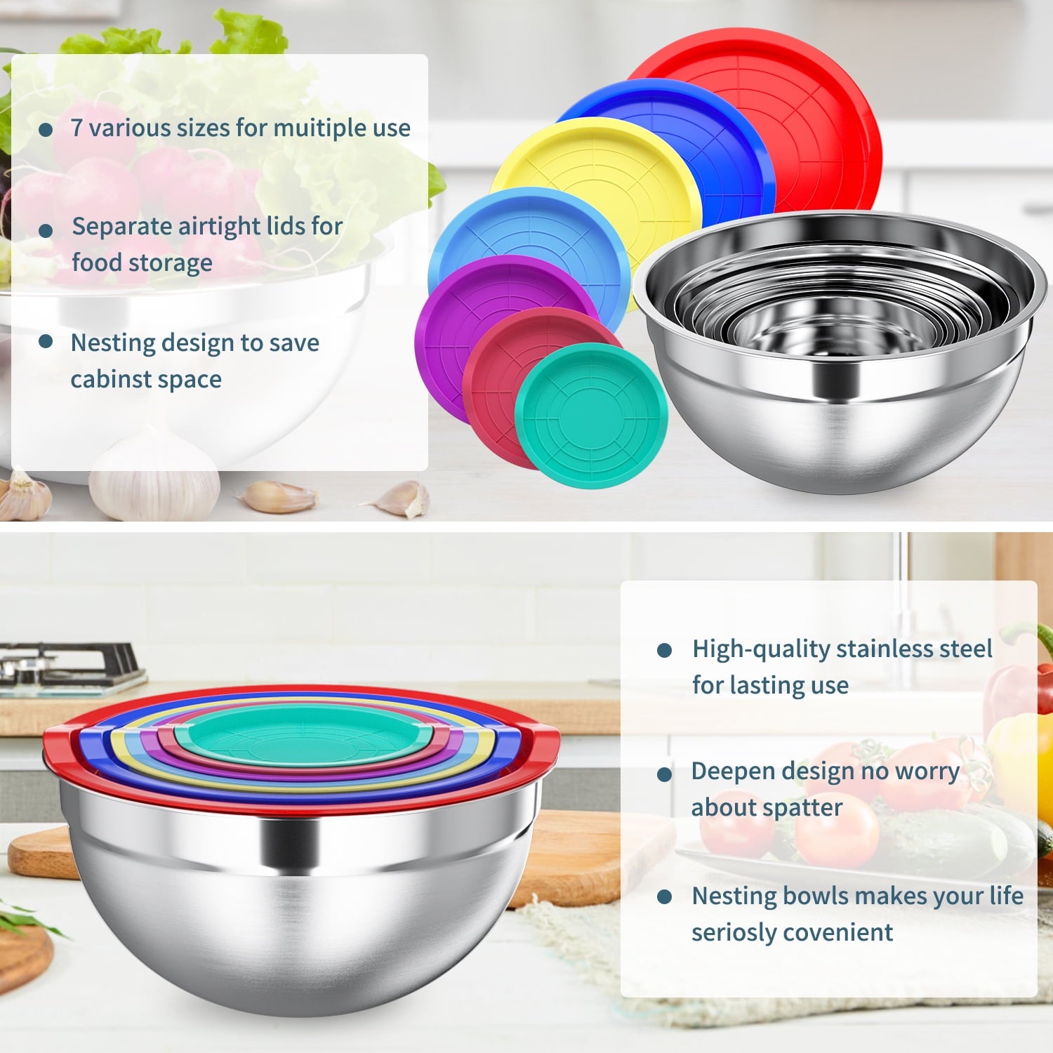 YuCook Mixing Bowls with Lids: Stainless Steel Mixing Bowls Set - 7PCS Metal Nesting Mixing Bowls for Kitchen, Size 7, 4.5, 3, 2, 1.5, 1, 0.7 QT, Great for Prep, Baking, Serving-Multi-Color