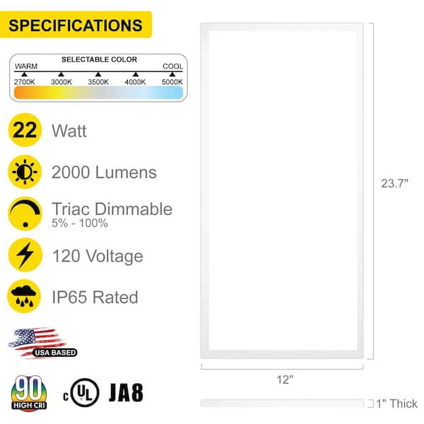 1 ft. x 2 ft. White Surface Mount Panel Integrated LED 22-Watt Dimmable 5CCT Selectable 2700K-5000K (4-Pack)