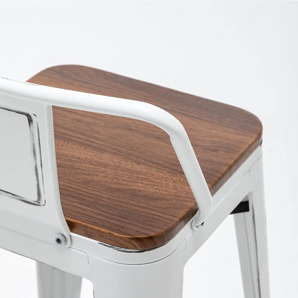 Andeworld Bar Stools Set of 4 Counter Height Stools Industrial Metal Barstools with Wooden Seats( 24 Inch, Distressed White )