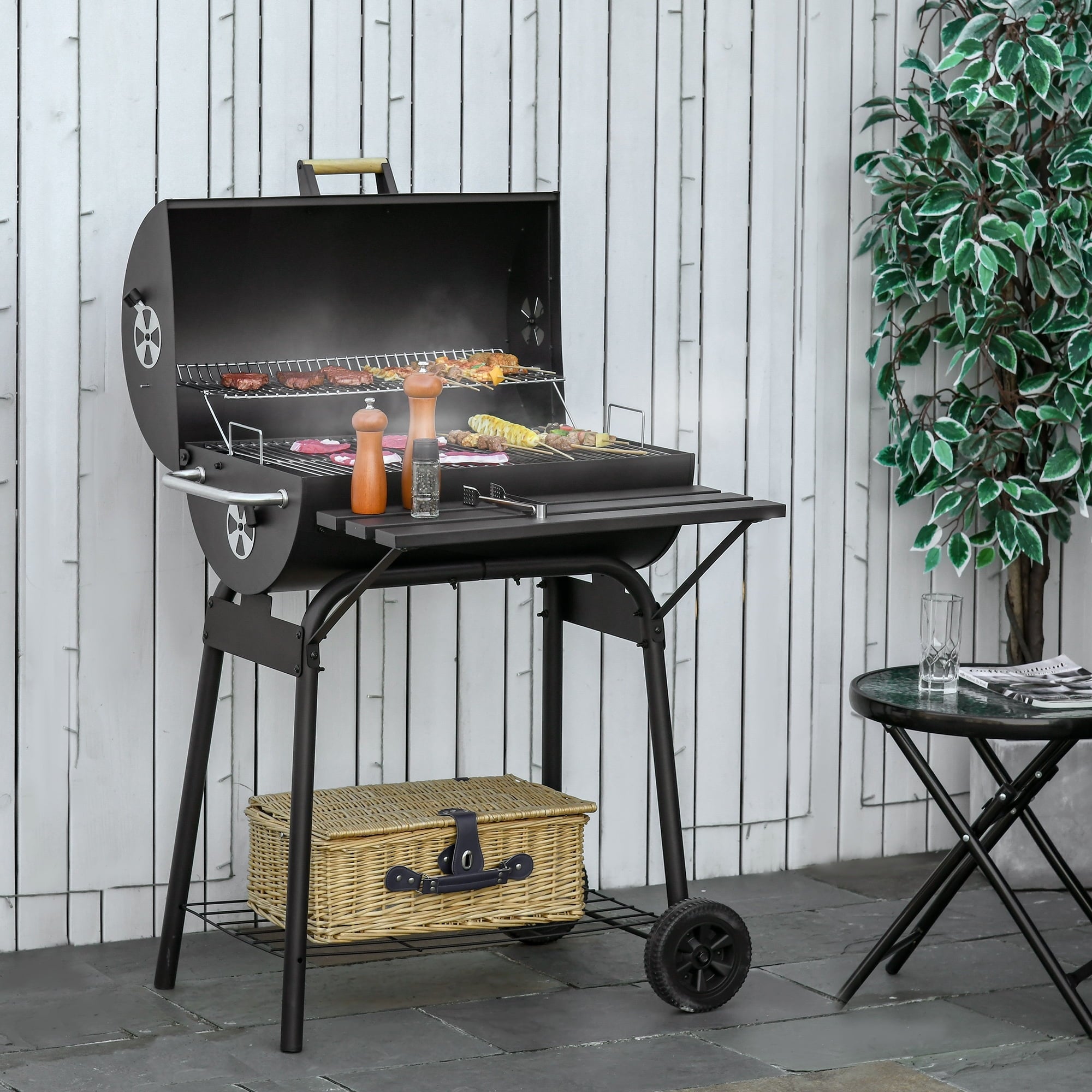 Outsunny Steel Portable Backyard Charcoal BBQ Grill and Offset Smoker Combo