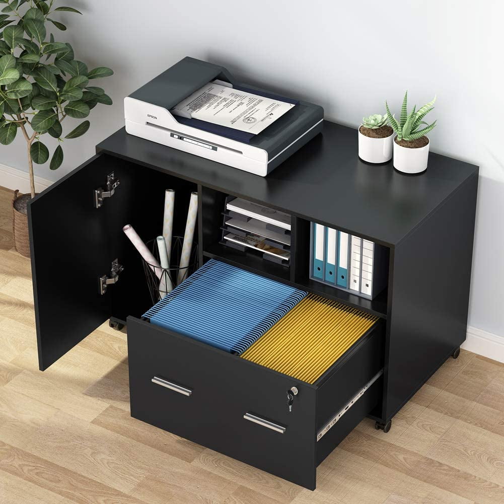 Tribesigns File Cabinet with Lock and Drawer,  Mobile Lateral Filing Cabinet Printer Stand with Wheels and Storage Shelves for Home Office, Letter/Legal/A4 Size(Black)