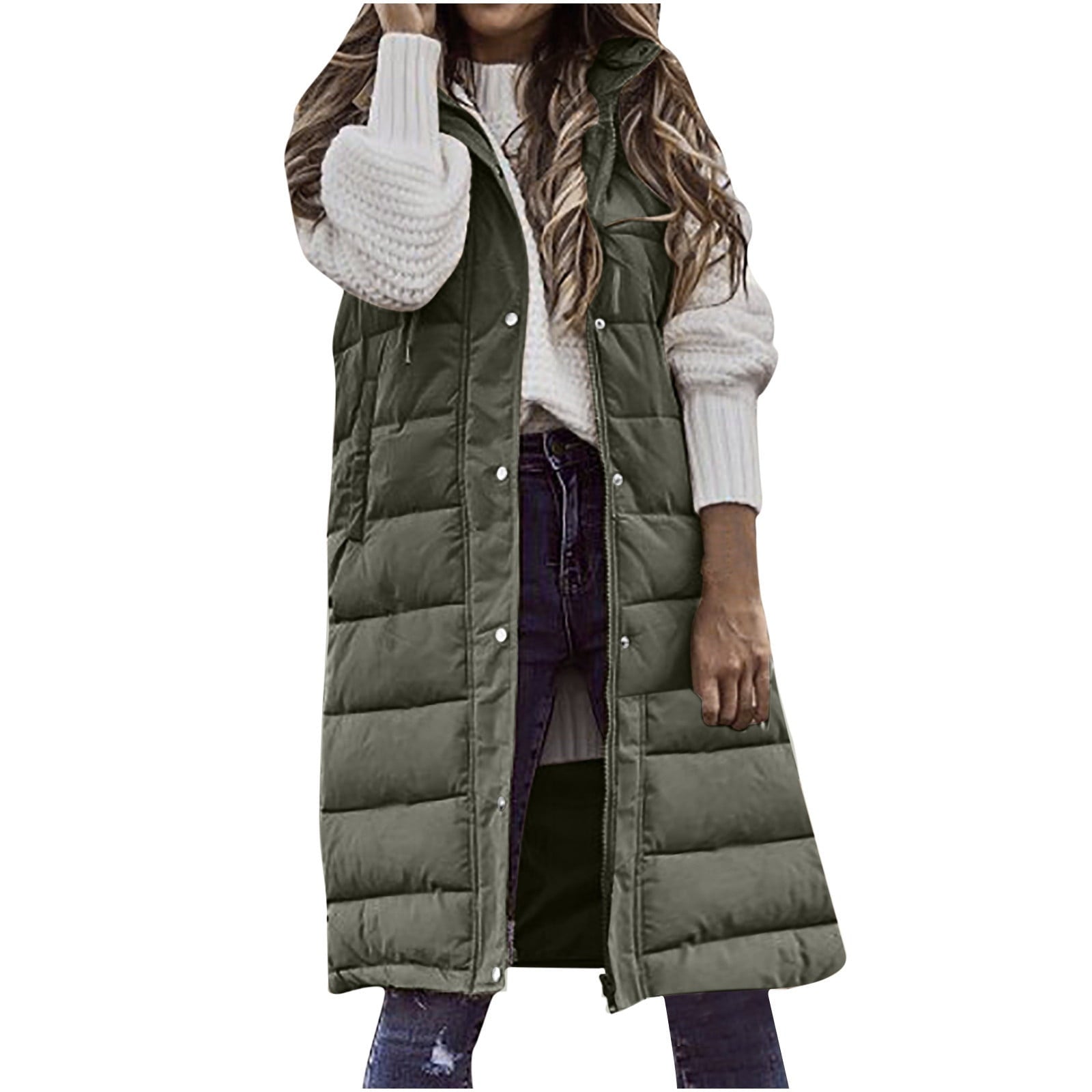 Women's Long Down Vest Sleeveless Hooded Jacket Plus Size Winter Warm Slim Zipper Coats Outdoor Puffer Quilted Vest
