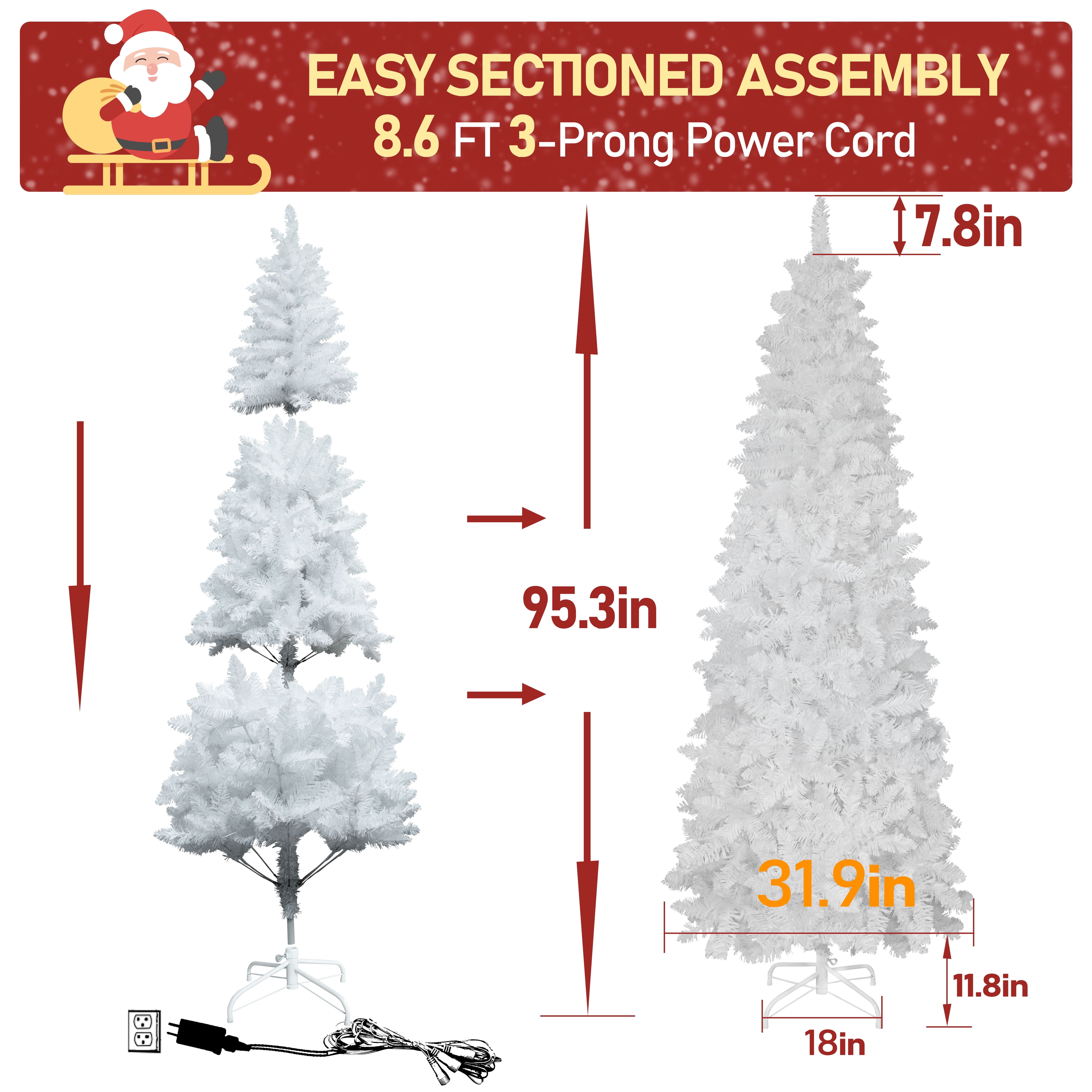 VEIKOUS 8ft Pre-Lit Christmas Pencil Tree for Holiday Decor w/ 350 LED Lights, White