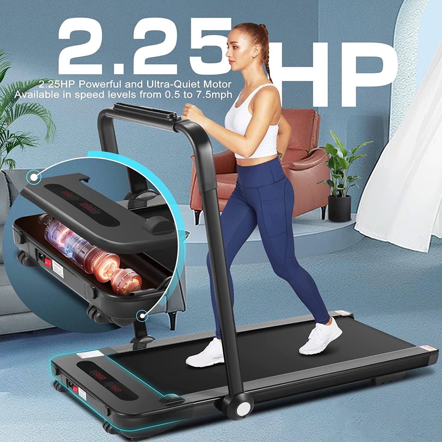 Adnoom Folding Treadmill 2.25HP Under-Desk Treadmill for Home Office Gym Compact Walking Jogging Running Machine with Remote Control,Bluetooth Speaker LED Display, Water Bottle Cage