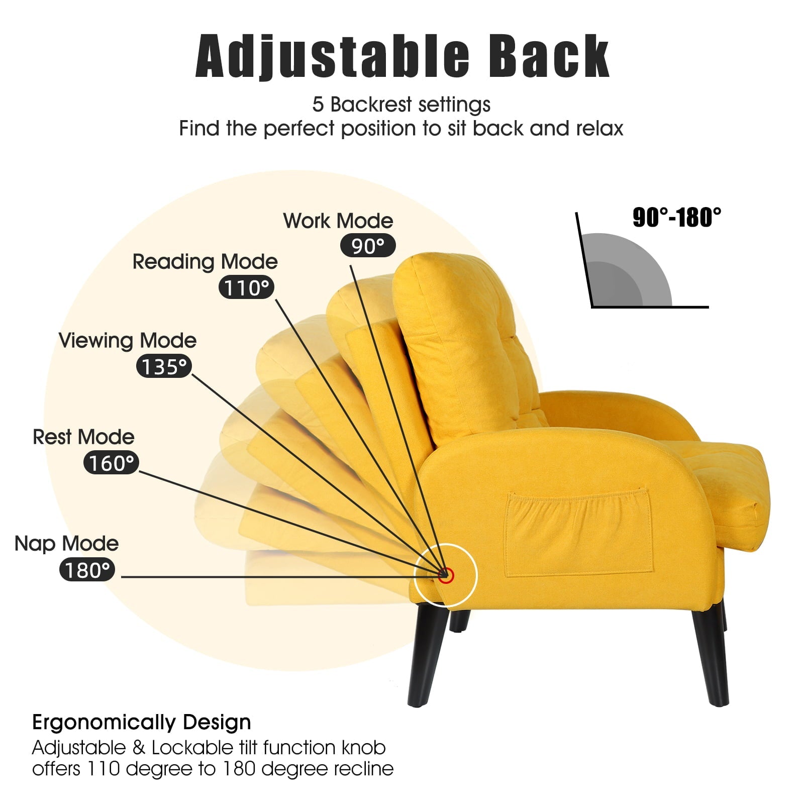 July's Song Accent Chair with Ottoman with Adjustable Backrest,Comfy Read Chair for Living Room with Side Pocket,Recliner Armchair and Ottoman for Bedroom,Yellow