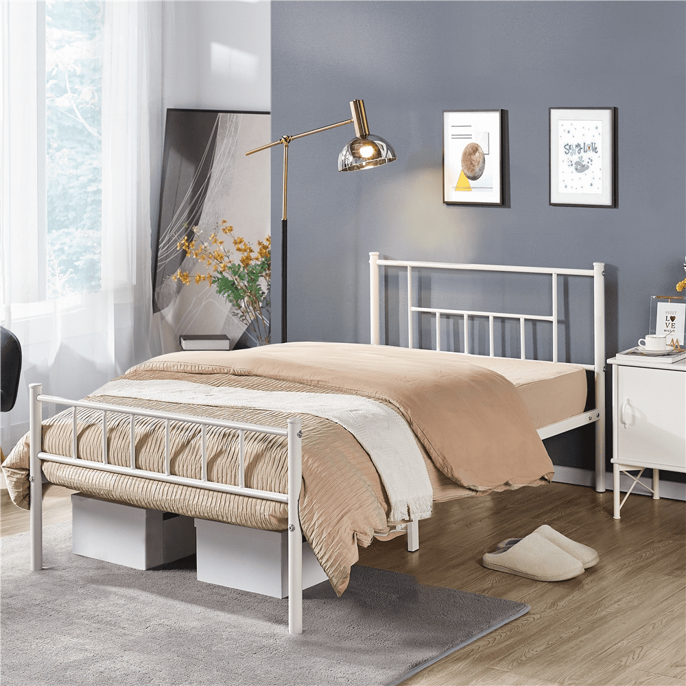 Topeakmart Metal Twin Bed Frame Slatted Bed Base with Headboard and Footboard, White