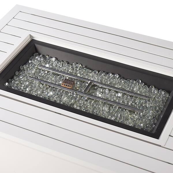 46 in. x 31 in. White Rectangular Aluminum Propane Fire Pit Table, Glass Beads, 2 Covers, Lid, 55,000 BTUs