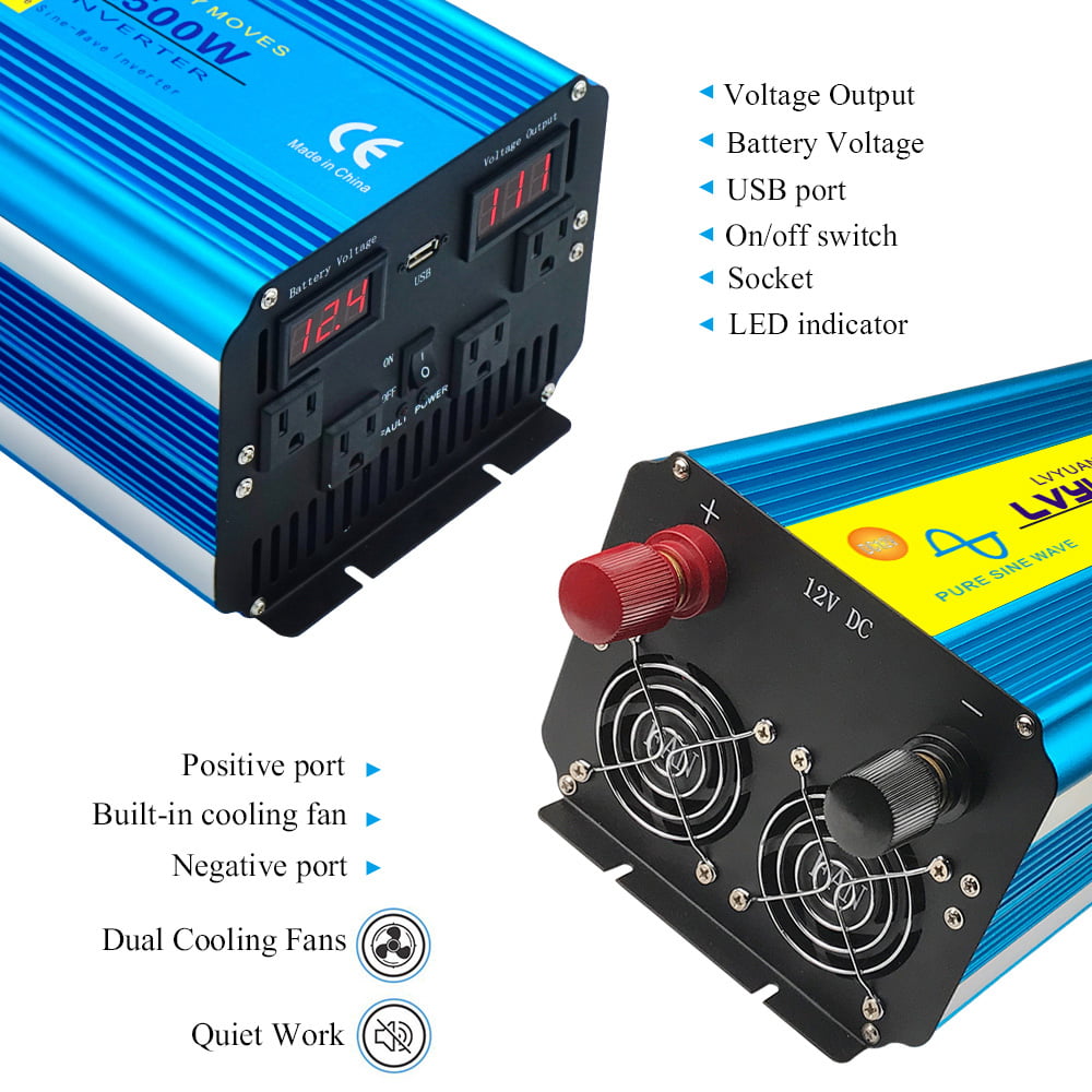 LVYUAN 2500 Watts Pure Sine Wave Power Inverter DC 12V to AC 110V 120V Car RV Converter With USB LED Display Remote Control