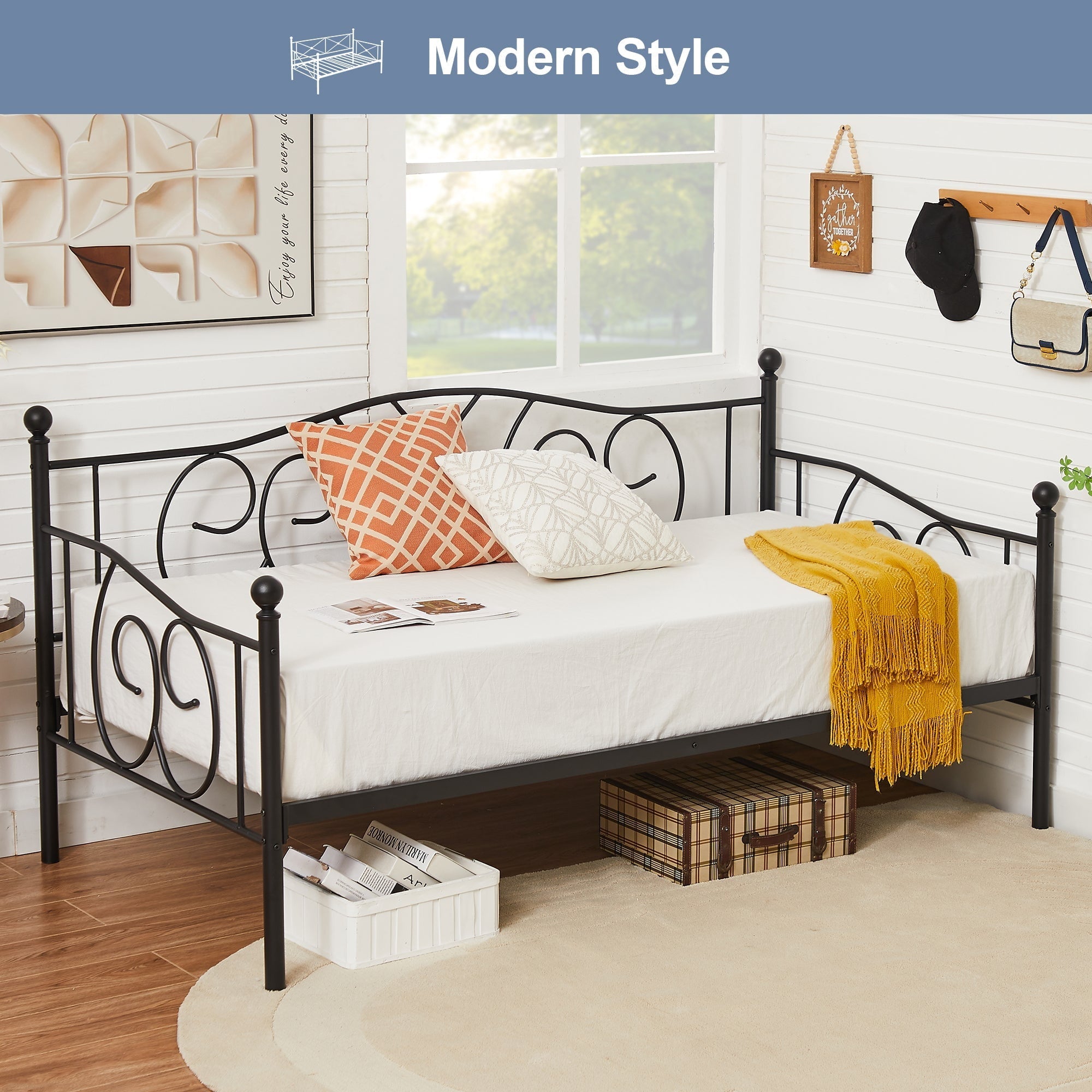 VECELO Twin Size Metal Daybed with Headboard, Metal Slats Support/Easy Assembly, No Box Spring Needed, Black