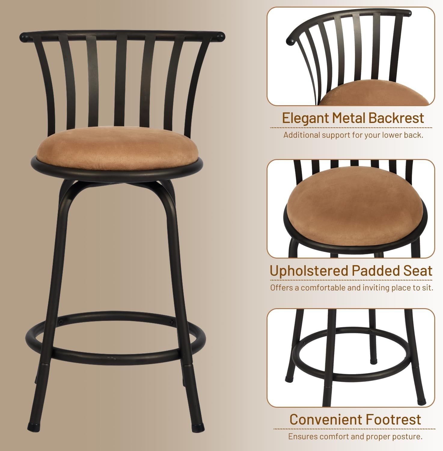 Homy Casa 24'' Swivel Counter Height Bar Stools Set of 2, Faux Leather Upholstered, Brown