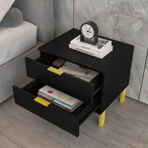 Wooden Nightstand Bedside Table With 4 Metal Legs 2-Drawer Black