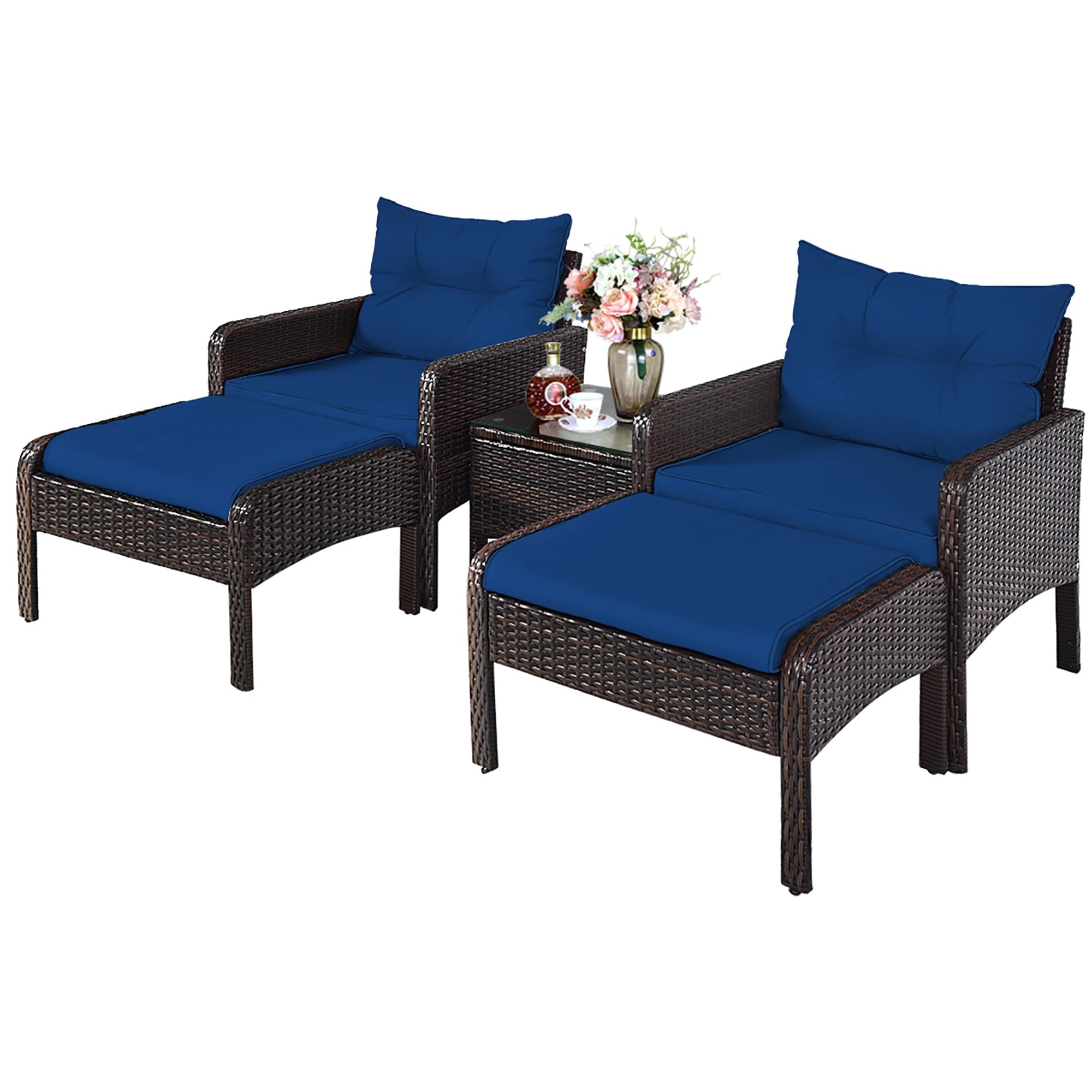 Costway 5 PCS Patio Rattan Wicker Furniture Set Sofa Ottoman Coffee Table Cushioned Navy