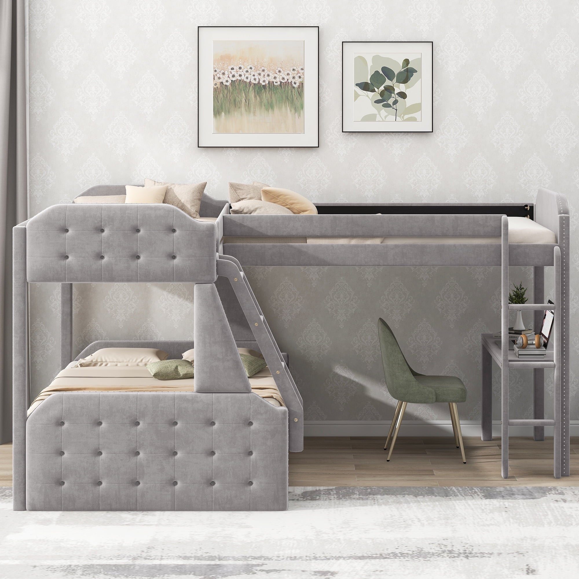 EUROCO Upholstery L-Shaped Twin over Full Bunk Bed and Twin Loft Bed with Desk for Kids Bedroom, Gray