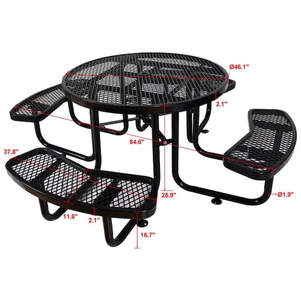 46 in. Black Round Steel Picnic Table Seats 8-People with Umbrella Hole