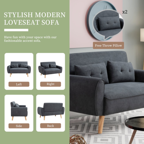 Small Modern Loveseat Sofa Mid Century Linen 2-Seat Couch Tufted Cushions 47inch