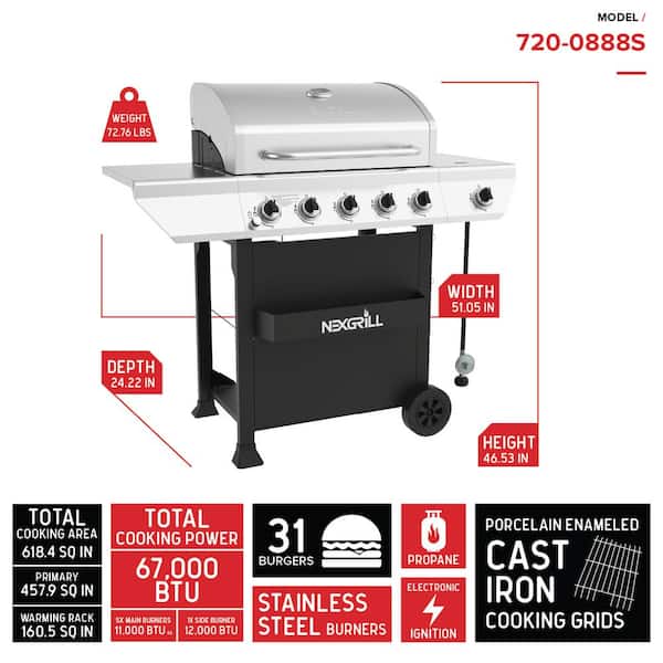 5-Burner Propane Gas Grill in Stainless Steel with Side Burner and Condiment Rack