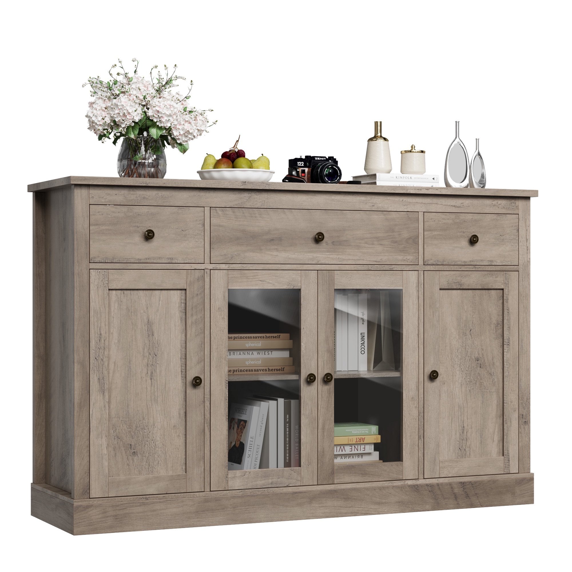 Homfa 55.1'' W Kitchen Buffet Sideboard, 3 Drawer Glass Door Accent Cabinet Coffee Bar with Adjustable Shelf for Dining Room Living Room, Gray Finish